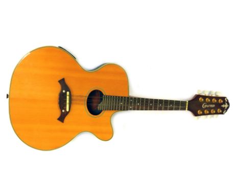 A Crafter electronic mandolin, with conversion, model number M70E, serial number 03053145, in soft shell carry case, 68cm lon