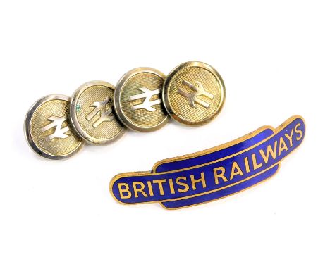 A British Railways blue enamel badge, 7cm wide, and four British Rail buttons.