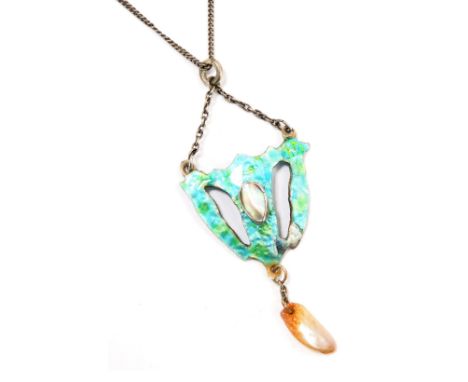 A silver and enamel pendant and chain, with pierced and raised decoration with a mother of pearl drop, 3cm high, on fine link