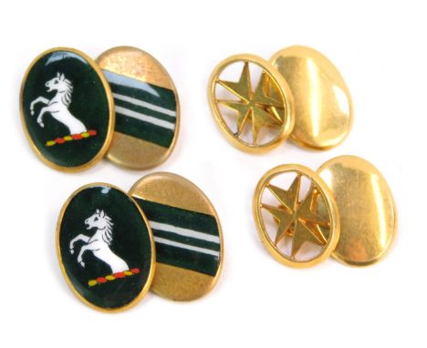 Two pairs of cufflinks, comprising a star design oval link cufflink, with chain link, gold coloured, unmarked, and a pair of 