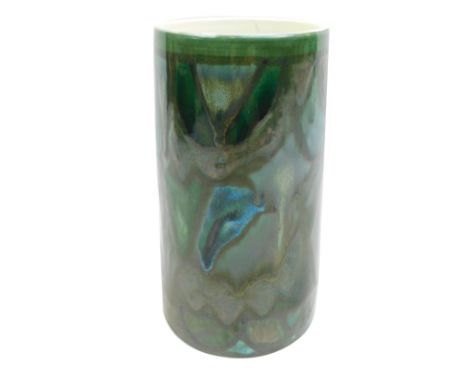 A Poole pottery Delphis vase, of cylindrical form, drip glaze decoration, in blues and greens, printed marks, 23cm high. 