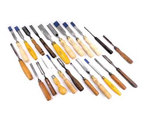 Marples and other chisels, including 1 1/2" wide bevel edged chisel, Marples lathe chisels, etc. (1 box)