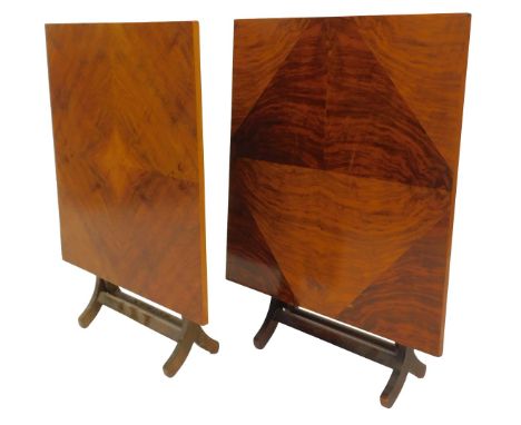 A pair of Art Deco walnut and beech drop leaf firescreen tables, 51cm wide.