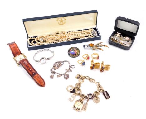 Costume jewellery and effects, including faux pearl necklace, DKNY wristwatch, gent's wristwatch, portrait brooch, dress ring