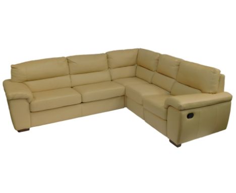 A cream leather electric corner sofa, with integral double sofa bed.The upholstery in this lot does not comply with the 1988 