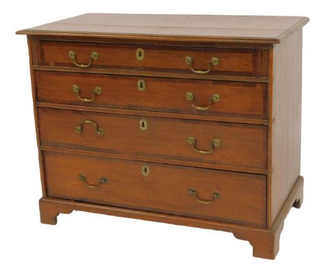 A 19thC oak and mahogany crossbanded chest, the top with a rounded edge above a set of four graduated drawers, on bracket fee