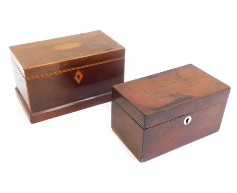 A 19thC mahogany tea caddy, of rectangular form, the hinged lid decorated with paterae inlay, enclosing two lidded sections f