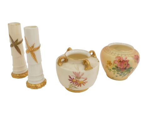A group of Royal Worcester blush ivory porcelain, comprising a pair of stem vases, each moulded as bamboo stems 23cm high, a 