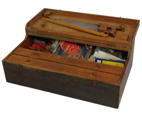 A fitted tool chest, including saws, circular saw blades, screwdrivers, Clarke drill grinder attachment, etc. 