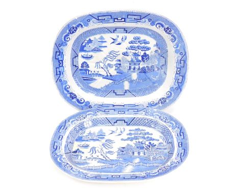 Two 19thC Copeland Spode blue and white pottery meat platters, one of tree and well form, 53cm x 46cm, and 49cm x 40cm. (2)