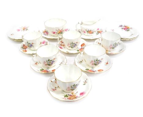 A Royal Crown Derby Porcelain Derby Posies part tea service, comprising six cups and saucers, a milk jug, a sugar bowl, and s