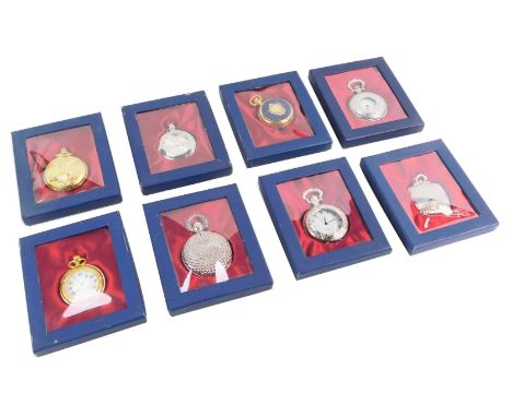 Eight collectable pocket watches, each in plated case, some with enamel decoration, with quartz movements, boxed. 