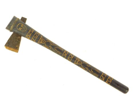 A carved tribal axe, with Aztec carved decoration, with axe head, and wire binding, 57cm long. 