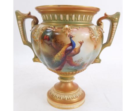 A Royal Worcester blush porcelain two-handled vase, decorated to the front with two peacocks on a branch, and verso a branch 