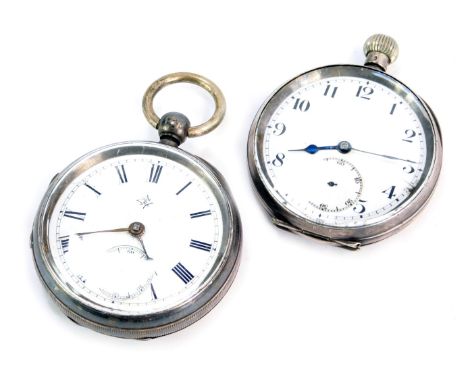 Two silver pocket watches, comprising one with engine engraved case with central shield and banner, with Roman numeric border