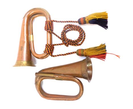 A Boosey and Hawkes Limited London England copper and brass bugle, for the Boys Brigade, with rope work embellishment, printe