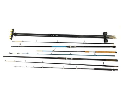 A group of fishing and fly fishing rods, including Shakespeare pole, Abu Garcia 7 three-piece split cane fishing rod, a fibre