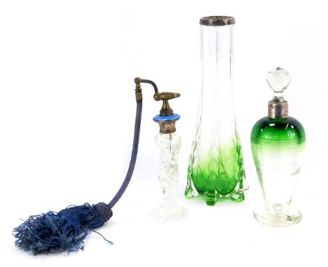 19thC and later glass and silver wares, comprising a green and clear glass stem vase, with a silvered collar, 20cm high, a gr