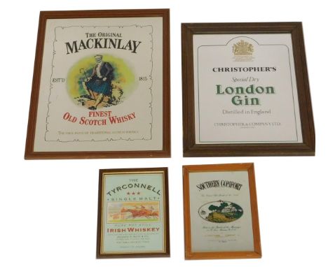 A group of advertising mirrors, comprising a Southern Comfort pine framed mirror, 30cm x 20cm, a Christopher's London Gin adv