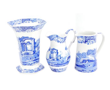 Three items of Spode blue and white Italian pattern pottery, comprising an octagonal fluted vase, 27cm high, a small jug, 20c