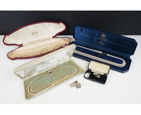 Three cased pearl necklaces to include Lotus together with two pairs of silver cufflinks. 