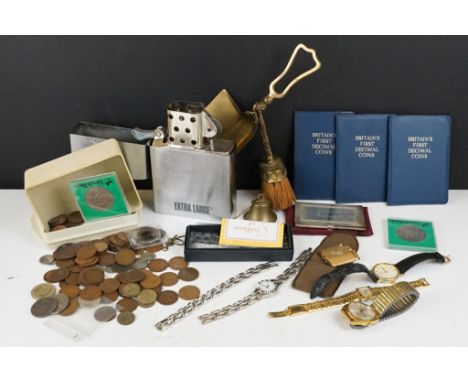 A box of mixed collectables to include vintage gents and ladies watches, coins, lighters, ....etc. 