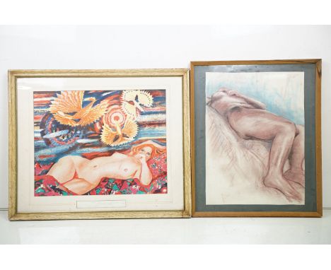 Reclining nude female, coloured lithograph, indistinctly signed below in pencil, 38.5 x 49cm, and reclining nude female, past