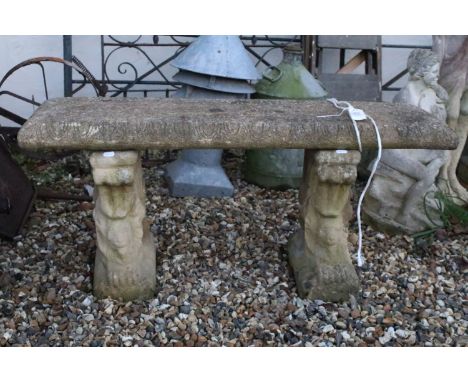 Reconstituted Stone Garden Bench with lion supports, 106cm long x 46cm high 