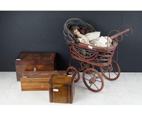 19th century mahogany twin-compartment tea caddy (23cm wide), together with a Jerusalem olive wood tea caddy, a further woode