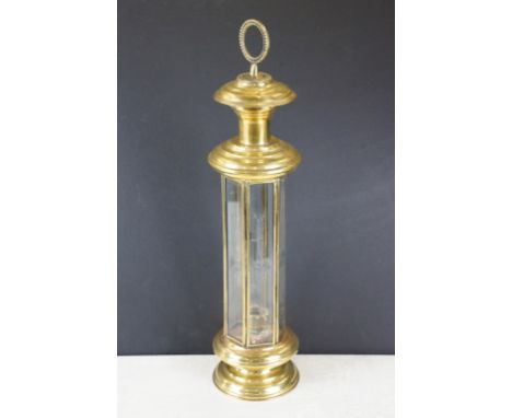 Late 19th century hanging brass lantern of hexagonal form, the bevelled glass panels with etched decoration. Measures approx 