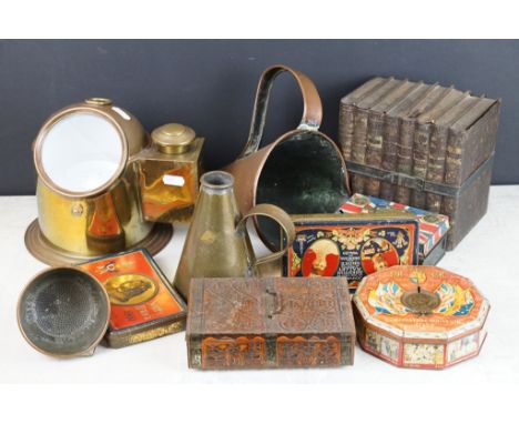 Assorted tins and collectables to include a Huntley &amp; Palmers tin in the form of a stack of books, commemorative tins, co