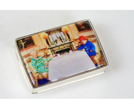 Silver Pill Box with enamel lid depicting Paddington Bear and Queen Elizabeth II taking tes 