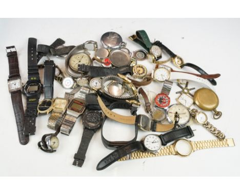 A collection of mixed ladies and gents wristwatches and pocket watches to include Sekonda and Timex examples. 