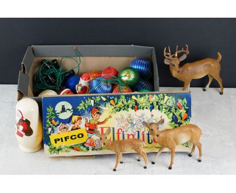 Collection of Christmas decorations to include Pifco ' Elfinlites ' vintage Christmas lights (boxed), Reindeer ornaments, Fat