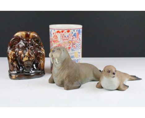 Jeffery Camp RA 'The Thames' ceramic vase together with an Aynsley walrus and seal and a Victorian lion formed sash window st
