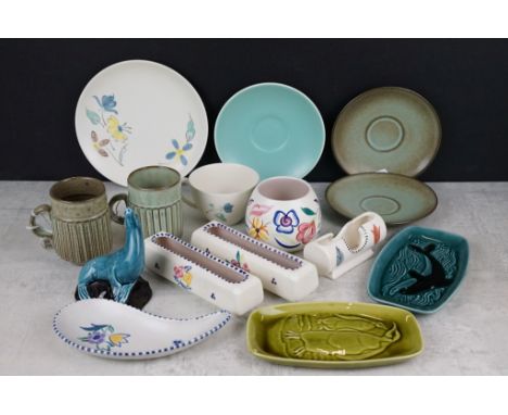 Collection of Poole Pottery, 15 pieces, to include a pair of mugs &amp; saucers, posy vases, seal ornament, dolphin dish, pen