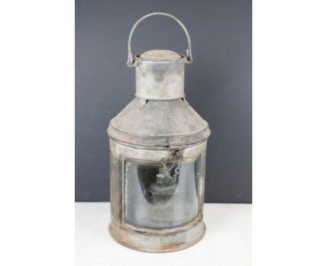 Late 19th / early 20th century masthead nautical ships lantern, of cylindrical form, glazed, with burner to interior, patent 