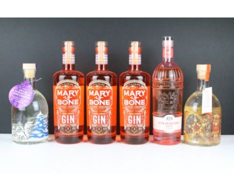 Six 70cl bottle of gin / gin liqueur to include 3 x Mary Le Bone Orange &amp; Geranium Gin (46.2% Vol), City of London Distil