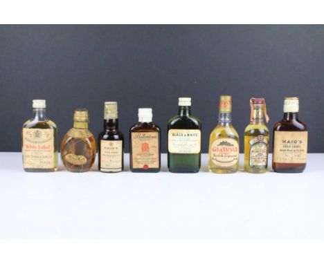 Eight vintage whisky miniatures to include 1950s 70% proof examples; Black &amp; White, Dimple Scots, Ballantines, White Labe