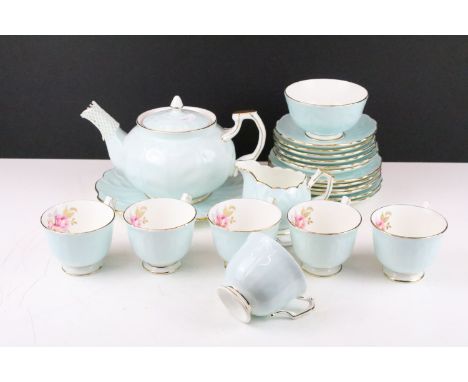 Aynsley floral tea set for six, in pale blue, pattern no. 2715, to include teapot &amp; cover, 6 teacups &amp; saucers, 6 tea