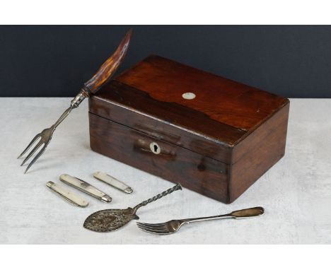 Three early 20th century silver hallmarked fruit knives with mother of pearl handles, together with three items of silver pla