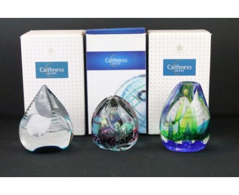 Three Caithness paperweights to include Pagoda Orchid (69/250), Aquanova by Sarah Peterson (1/1) and a Mystic Mountain paperw