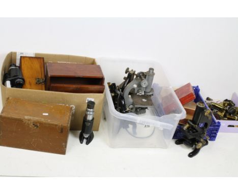 Group of microscopes and slides to include a Beck London, part complete microscopes, Wray London binocular magnifier, micro s