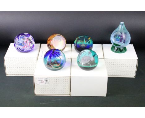 Six Caithness glass paperweights to include Burning Bush by Helen MacDonald (70/75), Dream Lovers by Helen Macdonald (61/75),