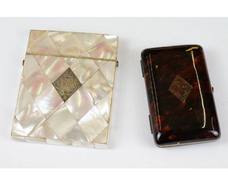 Two antique calling card cases to include a mother of pearl example together with a fitted faux tortoiseshell example.