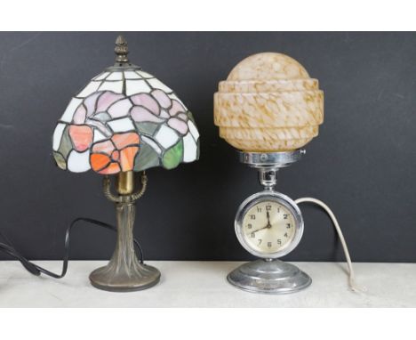 Art Deco chrome based desk lamp with clock to stand and mottled glass shade together with a leaded glass Tiffany style shade.
