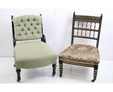 Edwardian Ebonised Nursing Chair with green button back upholstery, 53cm wide x 76cm high together with another Edwardian Nur