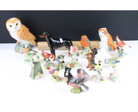 Collection of mostly ceramic birds to include Beswick, Royal Worcester, Royal Adderley, Goebel, a Coalport Crystal lady figur