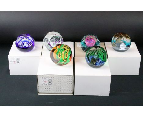 Six Caithness limited edition glass paperweights to include Country Crafts Drystone Wall (21/100), Royal Golden Wedding Bell 