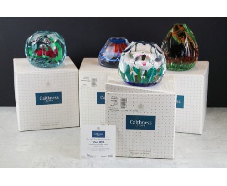 Four boxed Caithness glass paperweights, with certificates, to include Anemone Garden (unique paperweight no. 1/1), The Colin